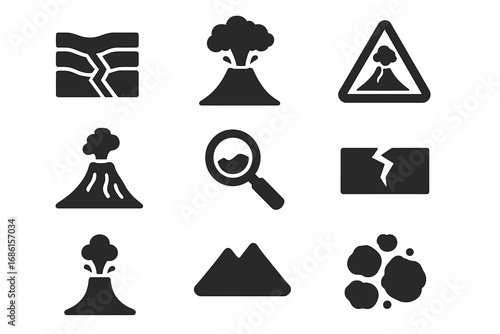 Volcano eruption & geology icon set. Solid silhouette symbols of seismic activity, earthquake, volcanic hazard, magma, lava rock, fault line & warning sign. Flat vector design.