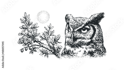 Detailed ink drawing of an owl's head next to a branch with leaves and berries. Vector hand drawn illustration