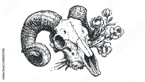 Vintage hand drawn ram skull with blooming flowers on transparent background. Vector hand drawn illustration