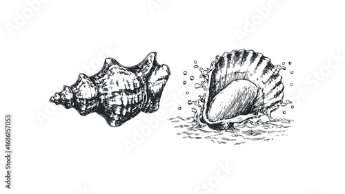 Vintage hand-drawn seashells on transparent background. Vector hand drawn illustration