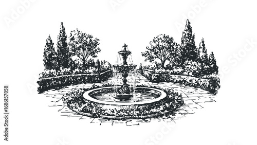Elegant fountain in a manicured garden with trees and hedges. Vector hand drawn illustration