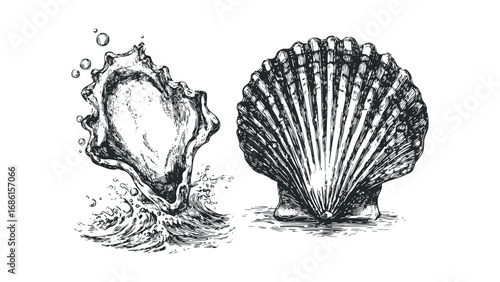 Vintage Pen Drawing of an Oyster Shell and a Scallop Shell. Vector hand drawn illustration