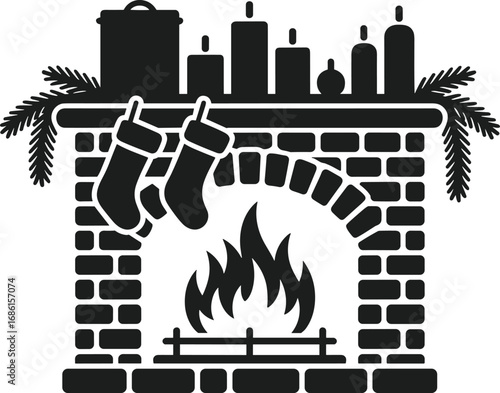 Cozy Christmas Fireplace Silhouette Vector with Stockings and Candle Decor