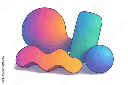 Set of colorful abstract 3D shapes. Vector illustration with vibrant blending gradients. Fluid, modern geometric elements for design. Liquid organic forms on isolated background.