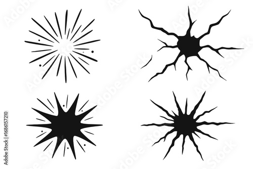 Set of black starburst and crack hole designs. Abstract explosion and sunburst shapes for comics. Cartoon vector impact, bang, and smash effects. Hand drawn graphic elements.