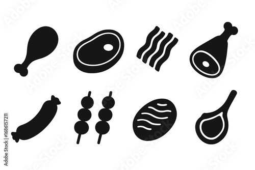 Meat silhouette icon set. Butchery food graphics. Steak, chicken leg, pork chop, bacon, ham, sausage and kebab vector icons. Cooking, grill, barbecue and protein concept.