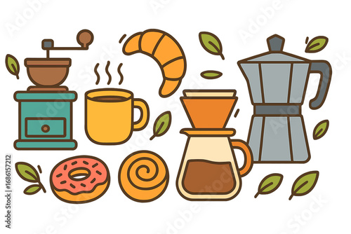 Coffee brewing tools and breakfast pastry set. Moka pot, grinder, pour over, croissant, donut. Vector cartoon illustration icon collection for cafe menu or barista graphic.
