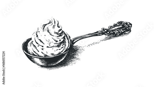 Whipped cream swirl atop vintage spoon with ornate handle. Vector hand drawn illustration