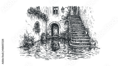 Stone Staircase and Arched Entrance with Potted Plants. Vector hand drawn illustration