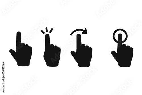 Hand gestures silhouette icon set. Finger tapping, clicking, and swiping for touch screen interface. Vector pointer and cursor symbols. Press, hold, and tap for UI and UX design.