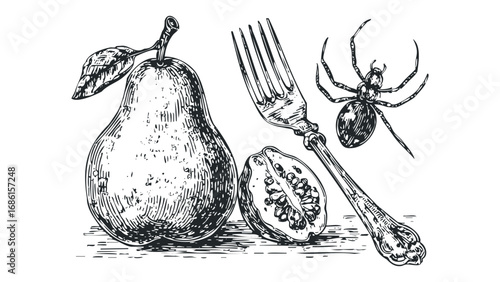 Sketch of pear with leaves, cut fruit, fork, and spider on transparent background. Vector hand drawn illustration