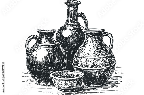 Group of ancient ceramic jugs and bowls sketch. Vector hand drawn illustration