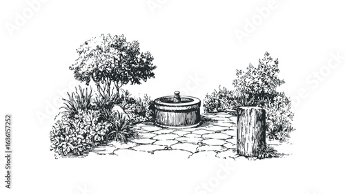 Hand Drawn Sketch Of A Garden With Wooden Well And Paving Stones. Vector hand drawn illustration