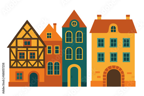 Colorful vector flat illustration set of traditional European old town buildings. Historic German half-timbered houses. Medieval architecture street facades for cityscape design.