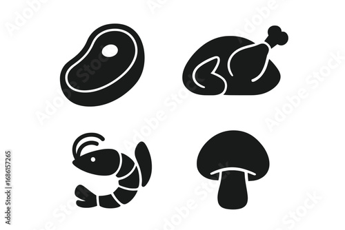 Food protein sources icon set. Solid glyphs of beef steak, roasted chicken, shrimp, and mushroom. Meat, poultry, seafood, and vegetarian food symbols for groceries or restaurant menus.