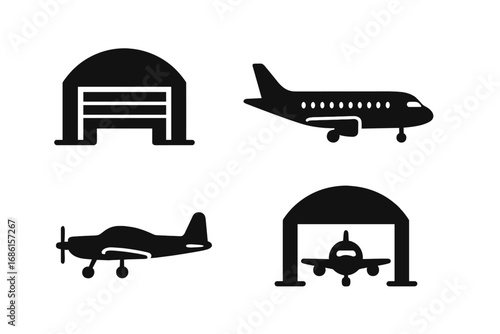 Hangar aviation silhouette icon set. Aircraft warehouse symbols collection. Vector illustration. Airplane, jet, and propeller plane icons for airport, travel, and transport concepts.