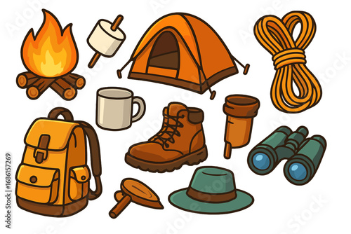 Camping and hiking equipment set for outdoor adventure. Vector cartoon collection of essentials like tent, campfire, backpack, boot, and marshmallow for travel and tourism.