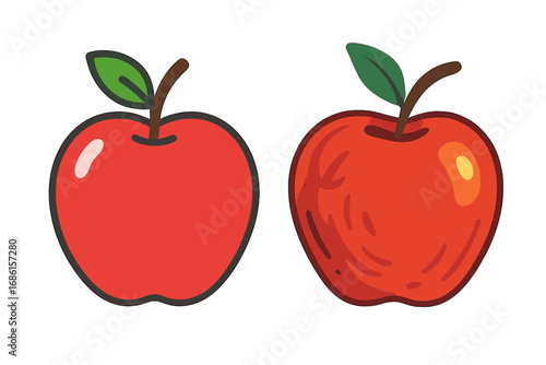 Set of two red apple vector icons in different styles. Simple flat design vs detailed cartoon illustration. Fresh healthy fruit concept for food, diet, or grocery graphic.