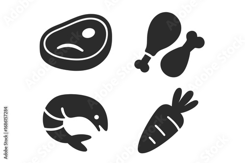 Sad steak icon. Food choices glyph set with meat, poultry, seafood, and vegetarian options. Vector symbols for grocery, nutrition, diet debate, protein sources, and menu design.