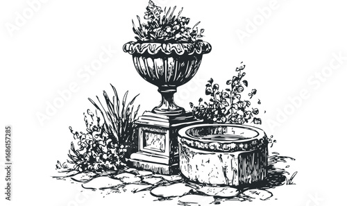 Ornate garden urn with overflowing plants and stone basin sketch. Vector hand drawn illustration