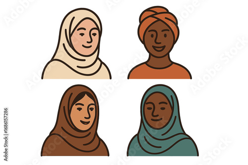 Diverse women in headscarves vector set. Muslim female avatars in hijab and turban. Multicultural portrait collection for cultural representation. Flat cartoon illustration.