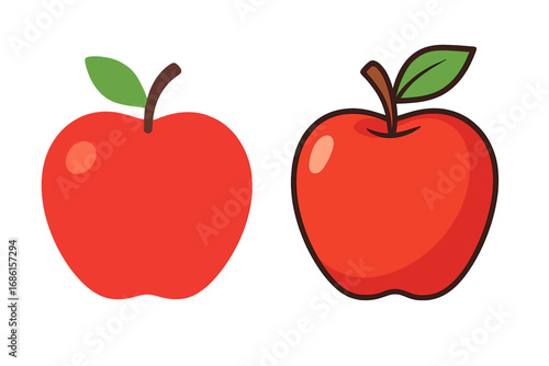 Two red apple vector illustrations in flat and cartoon styles. Fresh organic fruit icon set for healthy food design. Simple shiny apple graphic with and without outline.
