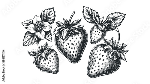 Sketch Collection of Ripe Strawberries and Blossom. Vector hand drawn illustration