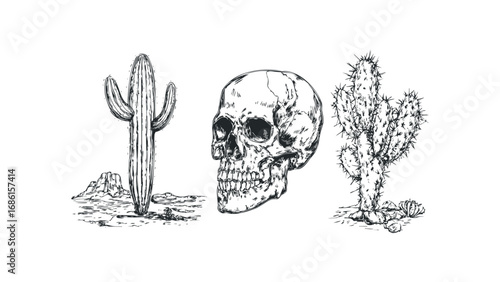 Human Skull and Desert Cacti with Rocky Terrain Sketch. Vector hand drawn illustration