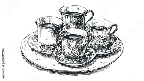 Hand drawn sketch of four antique coffee cups with saucers on a serving tray. Vector hand drawn illustration