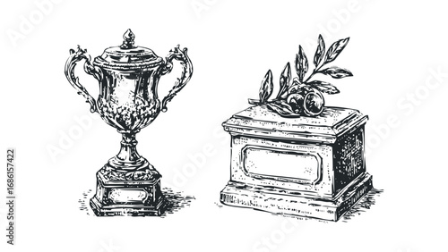 Antique trophy with laurel leaves and fruit on a pedestal in ink sketch style. Vector hand drawn illustration