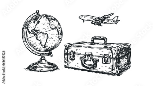 Sketch of airplane, suitcase, and globe for travel adventures. Vector hand drawn illustration