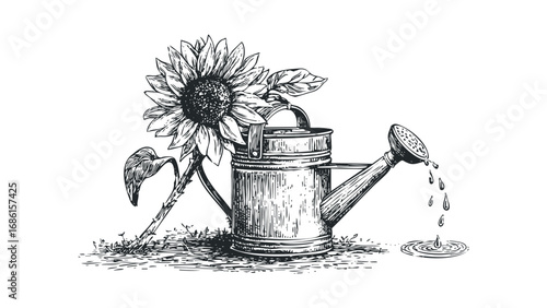 Hand-drawn sketch of a sunflower in a watering can with dripping water. Vector hand drawn illustration