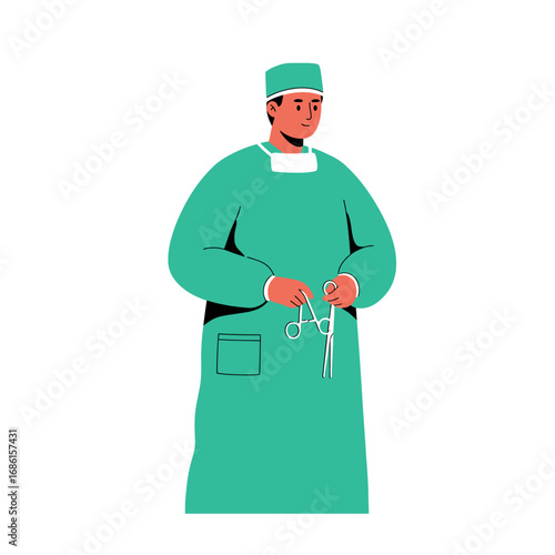 A surgeon in scrubs holding surgical instruments, ready for a procedure.