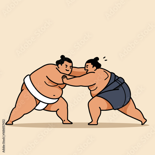 Two sumo wrestlers engaged in a match, showcasing their strength and technique.