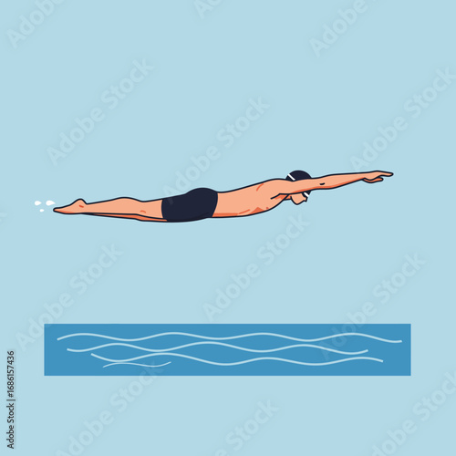 A swimmer diving into water, showcasing athleticism and motion in a minimalist style.