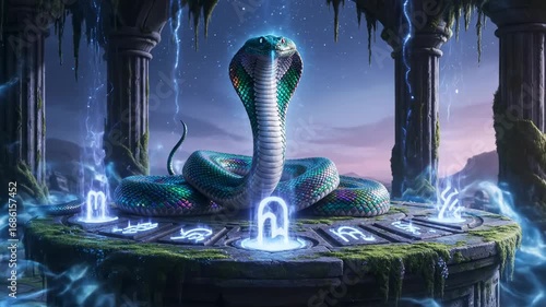 Futuristic glowing cobra with lightning aura on digital platform, blending myth, fantasy, and technology in a dramatic sci-fi inspired environment.