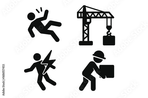 Workplace safety and hazard icon set. Vector pictograms of industrial risks and dangers. Slipping and falling worker, crane hazard, electrical shock, heavy lifting injury.