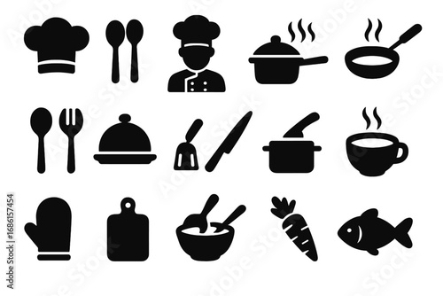 Cooking and food silhouette icon set. Culinary glyphs for kitchen, chef, and restaurant. Vector symbols of meal preparation, utensils, kitchenware, pot, pan, and cook.