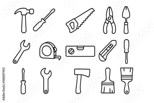 Construction tools line icon set. Hand tools for DIY, building, and repair projects. Vector collection of isolated outline symbols like hammer, saw, wrench, and screwdriver.