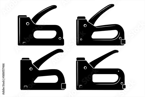 Set of staple gun silhouettes. Construction tool vector icons. Black and white graphic element for repair, DIY, or upholstery projects. Industrial equipment symbol collection.