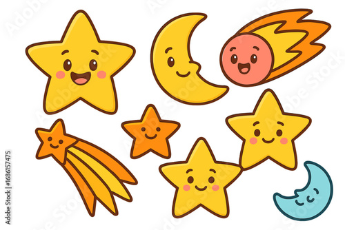 Set of cute kawaii celestial characters. Cartoon smiling star, moon, comet, and shooting star icons. Space elements for kids, baby nursery decor. Vector illustration.