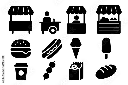 Street food vendor solid icon set. Market cart and kiosk silhouette graphics. Vector collection of fast food, hamburger, hot dog, ice cream, coffee and bakery items for design.