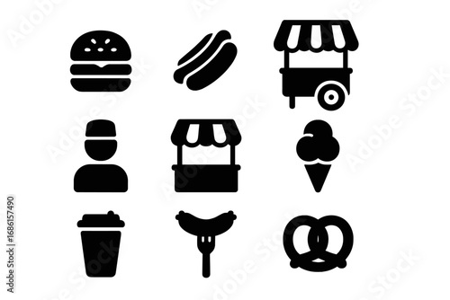 Street food solid icon set. Fast food and market vendor silhouette symbols. Vector graphic collection with hamburger, hot dog, ice cream, pretzel and food cart icons.