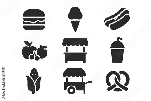 Street food vendor solid icon set. Market cart, fast food silhouette graphics. Vector illustration. Hamburger, hot dog, ice cream, pretzel, corn, fruit, and drink symbols.