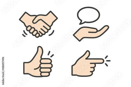 Hand gestures icon set. Vector cartoon illustration. Handshake, deal, agreement. Thumbs up, like, approval. Pointing finger. Communication, speech bubble. Business concept.