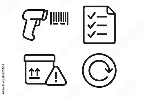 Inventory management outline icon set. Logistics and warehouse concepts. Barcode scanner, stock list, low stock alert, reorder symbol. Supply chain vector illustration.