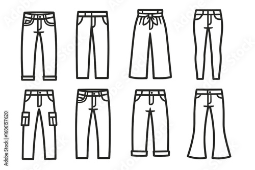Pants and jeans vector icon set. Collection of different fashion trouser styles. Line art illustration of apparel like cargo, skinny, wide-leg, and flare denim clothing.