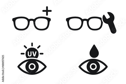 Optical icon set glasses and vision care. Vector symbols for eyesight correction, reading glasses, repair service, UV protection and eye drops. Ophthalmology pictogram collection.