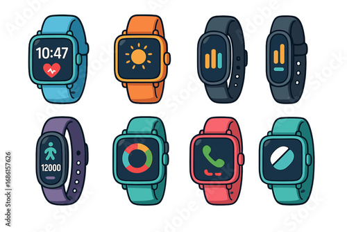 Collection of colorful wearable technology devices. Vector set of smartwatches and fitness trackers icons for health and sport. Cartoon illustration of modern digital gadgets.