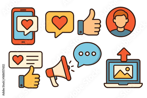 Social media marketing icon set. Vector symbols for digital engagement, communication, and promotion. Like, heart, comment, share, and follower icons for app and web design.